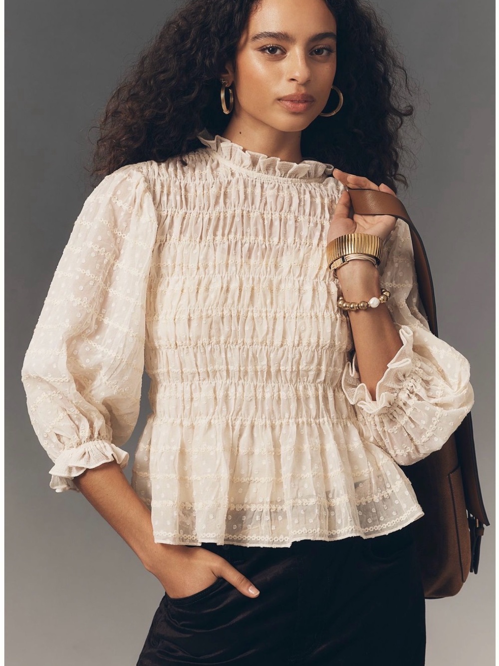 Raisonnel/Anthropologie Smocked Ruffle-Neck Blouse in Cream